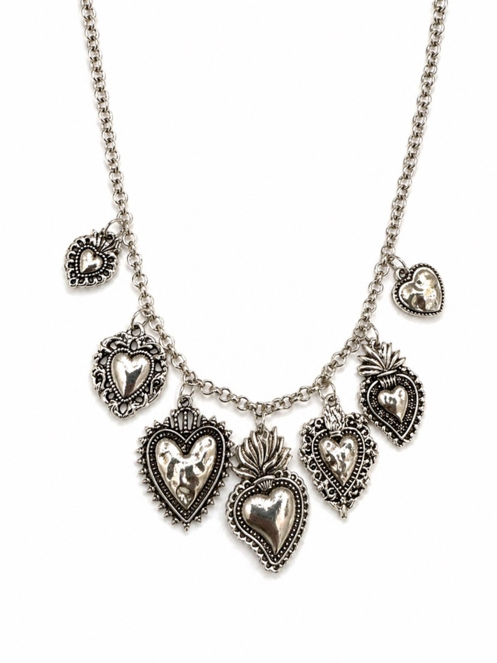 Silver Plated Sacred Heart Charm Necklace Boho Milagro Style
